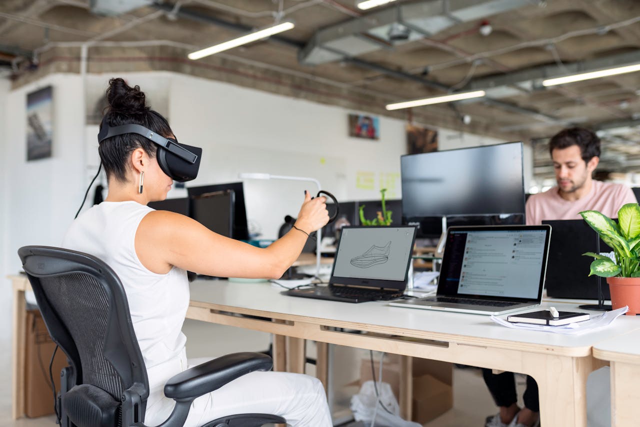 digital Woman using virtual reality headset in a modern office for design and innovation.